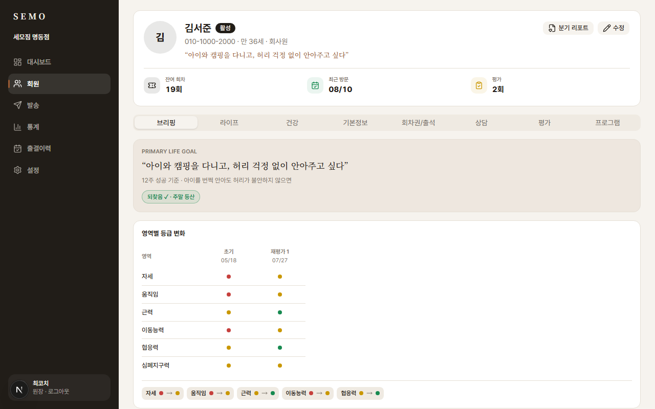 상담 전에 회원의 변화가 한 화면에